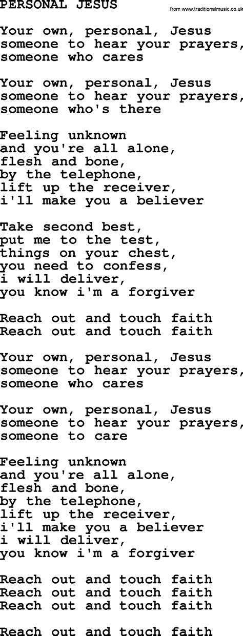 Personal jesus lyrics - Personal Jesus Lyrics by Johnny Cash from the American IV: The Man Comes Around [LP Bonus Tracks] album- including song video, artist biography, translations and more: Your own personal Jesus Someone to hear your prayers Someone who cares Your own personal Jesus Someone to hear your… 
